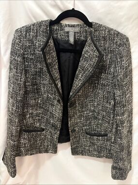 Kate Hill Black and White Tweed Blazer with Faux Leather Trim